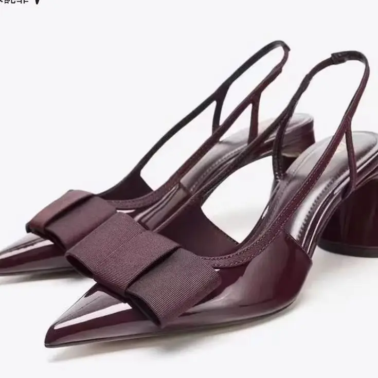 Zapatos de Verano para Mujer con Decoración de Lazo Negro, Tacones Descubiertos, Tacones Gruesos, Tacones Altos Puntiagudos, Sandalias Bajas