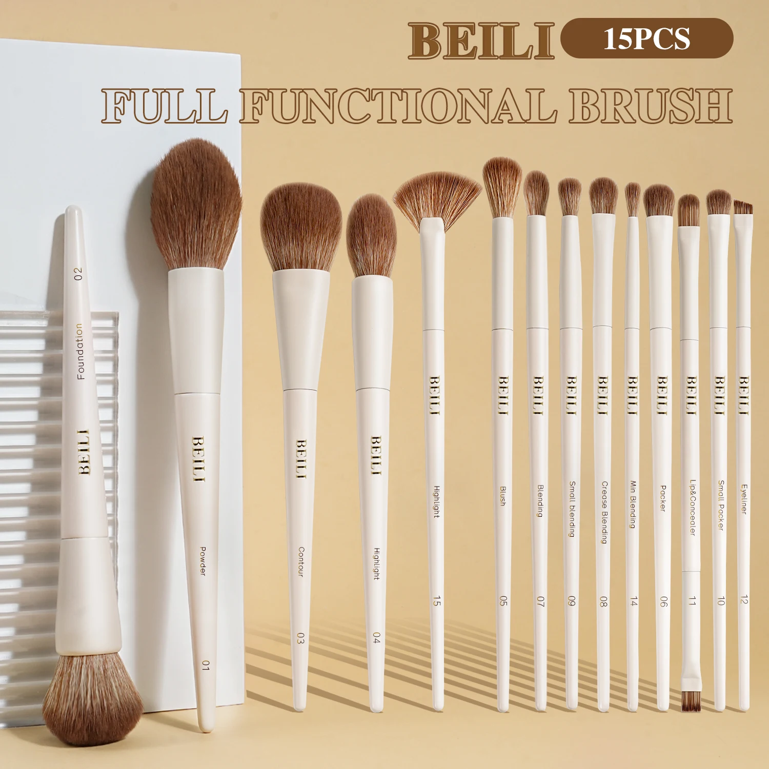 BEILI, 15 Uds., juegos de brochas de maquillaje sintéticas de primera calidad, color Beige, base, corrector, sombra de ojos, delineador de ojos, colorete, mezcla, resaltador