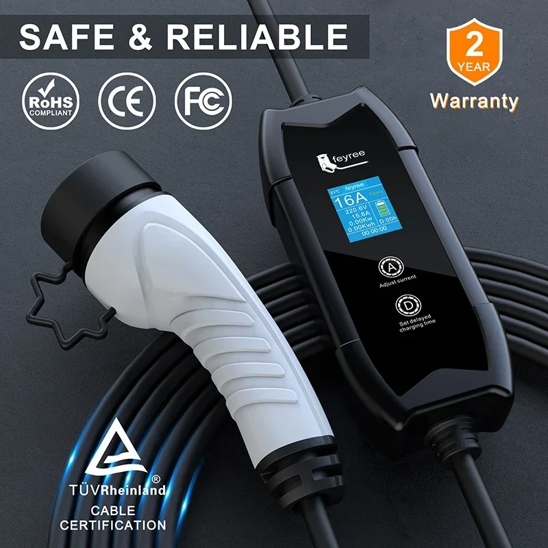 Cargador para Vehículos Eléctricos Feyree Tipo 2, 3.5KW, 16A, Caja de Carga Portátil, Ajuste de Corriente y Tiempo de Retardo, Cable de 5M