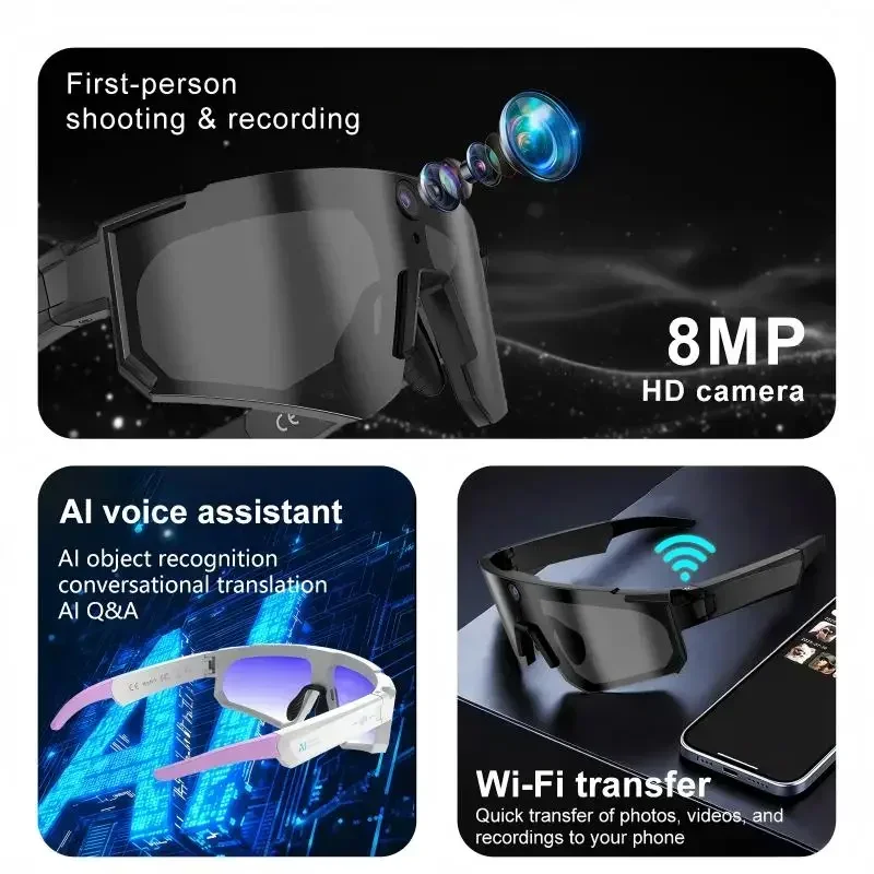 Gafas Inteligentes Lenovo con IA, Cámara HD 8K de 1600W con Antivibración, Gafas Deportivas para Ciclismo con Foto y Video, Micrófono Dual, 32GB, Resistentes al Viento, 2026