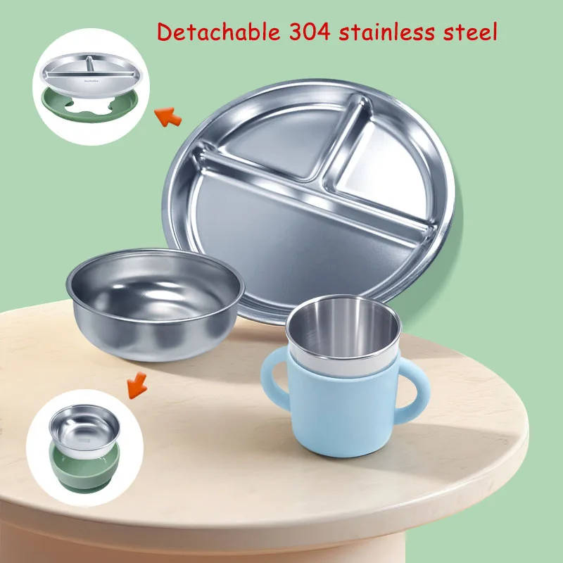 Juego de Alimentación para Bebé de Acero Inoxidable con Plato de Silicona Personalizado con Nombre, Tazón, Cuchara, Tenedor, Vaso, Regalo Creativo para Niños, Libre de BPA