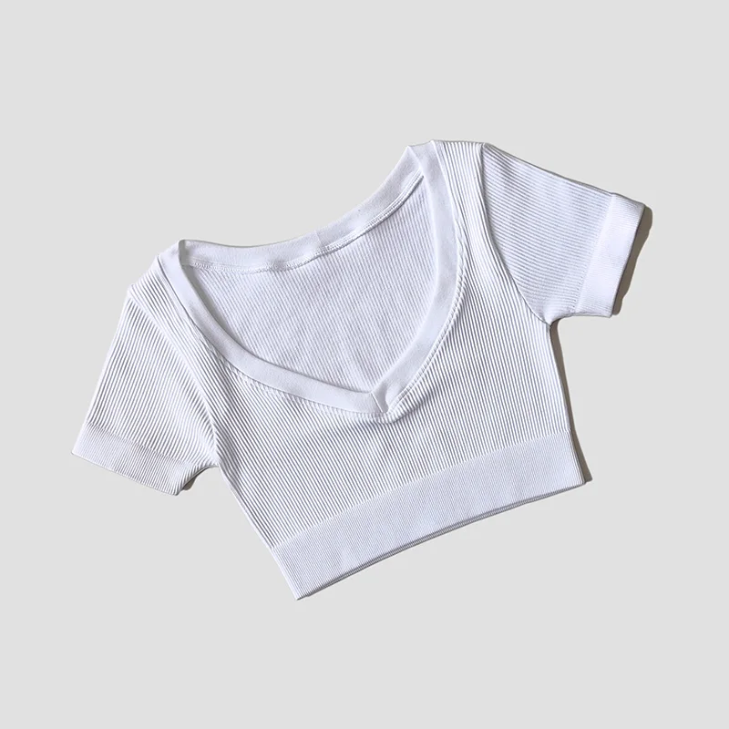 Tops sin costuras para mujer, camisas de Yoga de manga corta con cuello de pico profundo, Top corto de Fitness, camisas de Yoga para mujer, ropa deportiva para gimnasio