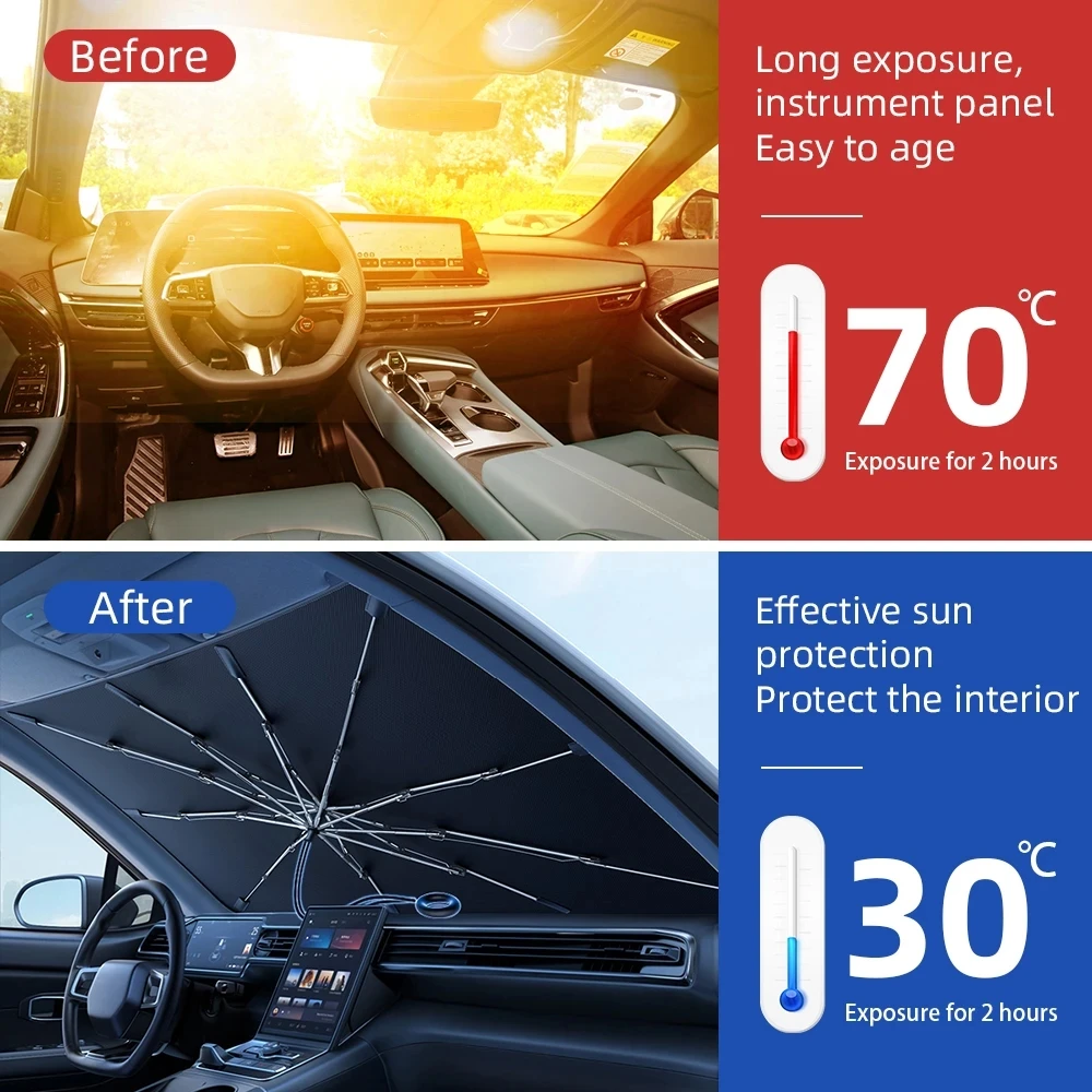 Parasol portátil para parabrisas de coche, sombrilla con anillo de tracción, mango, cubiertas reflectantes Uv de verano