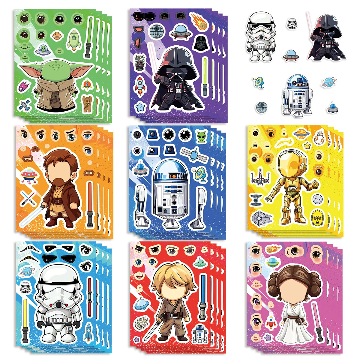 8 Hojas de Pegatinas de Anime Jedi para Crear una Cara, Calcomanías de Dibujos Animados para Niños, DIY, Rompecabezas, Decoración para Fiestas Infantiles