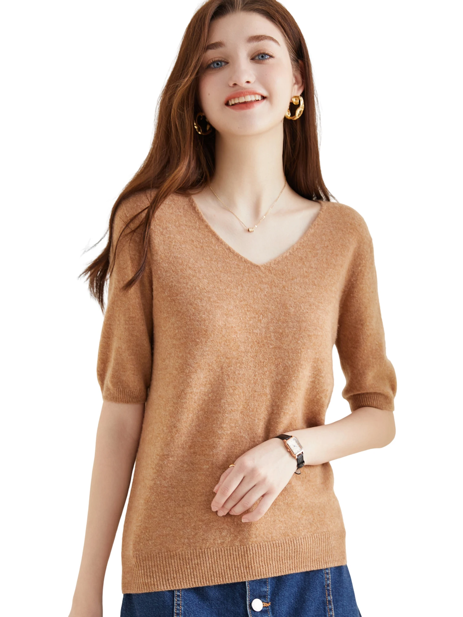 Suéter de mujer, suéter de lana merina de 100% para mujer, jersey, Tops de manga corta, ropa femenina de punto suave con cuello en V para primavera y verano