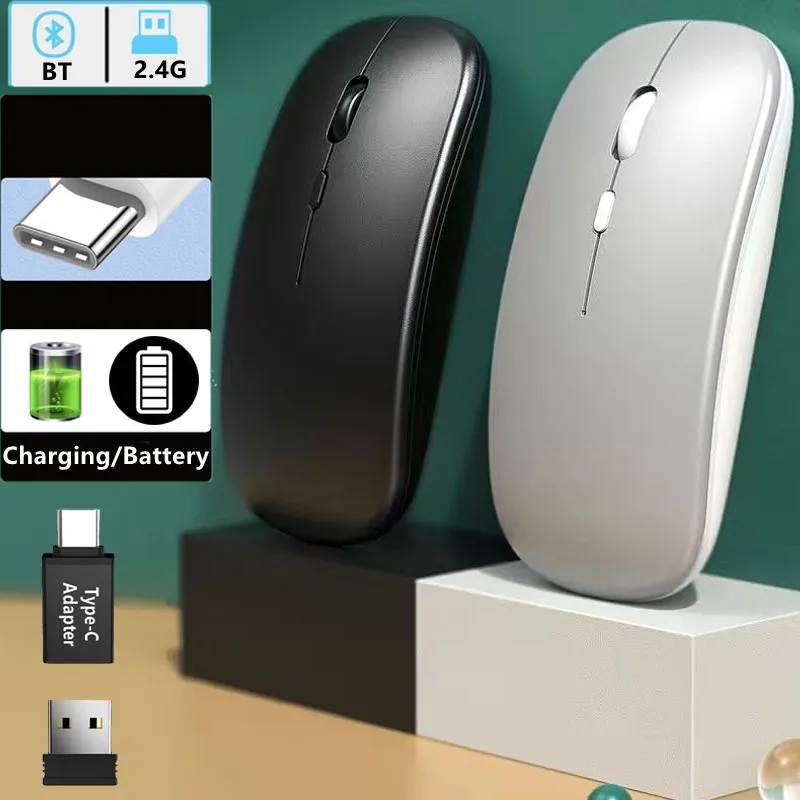 Ratón inalámbrico delgado compatible con Bluetooth 2,4G, ratón inalámbrico portátil recargable/batería para iPad, portátil y de escritorio