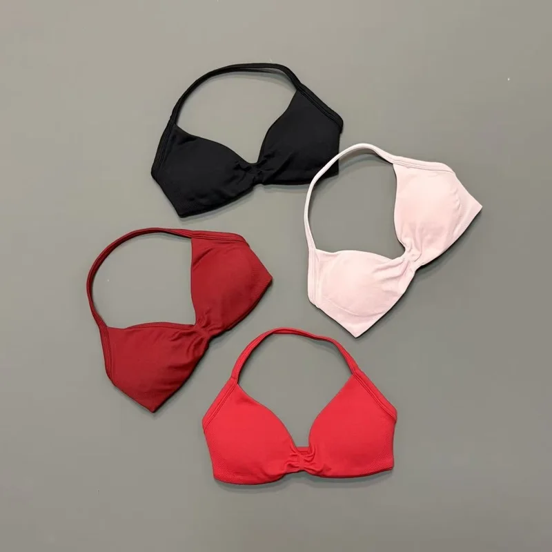 Sujetador deportivo halter para mujer con cuello en V, acolchado, para yoga, con copas extraíbles, suave como la mantequilla, sin costuras, para entrenamiento, gimnasio, fitness, top de ropa deportiva.
