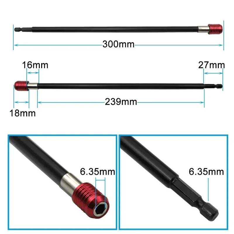 1 pieza de barra de extensión autoblocante de 300 mm, mango hexagonal extendido rojo, barra de conexión de liberación rápida, accesorio de extensión para destornillador, herramienta