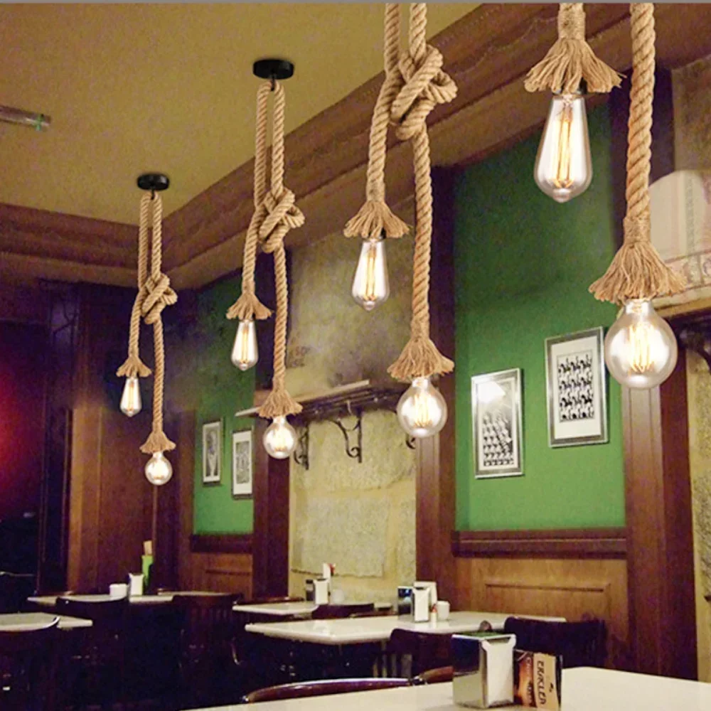 Luces colgantes de cuerda de cáñamo Vintage Industrial E27, iluminación interior con personalidad de ático para Loft/sala de estar/Candelabro colgante de Bar