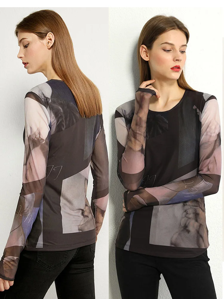 Camisetas de manga larga minimalistas AMII para mujer, novedad de otoño 2026, camiseta interior con estampado de malla, tops ajustados de moda 12421003