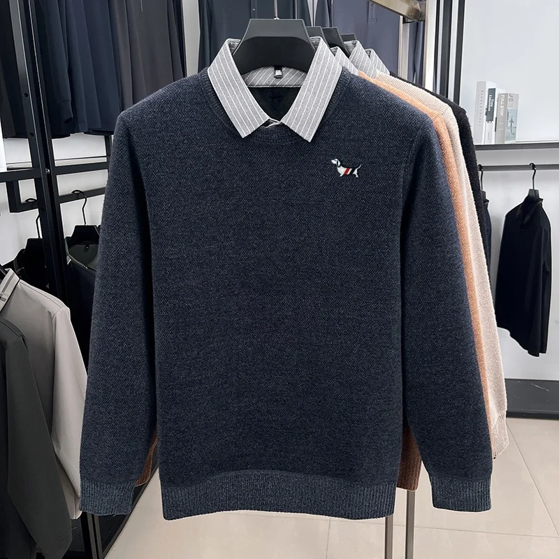 Prendas de punto de manga larga con capucha de bloqueo de Color para hombre de marca de diseñador, ropa de viaje a la moda con estampado de perro cálido y grueso para invierno