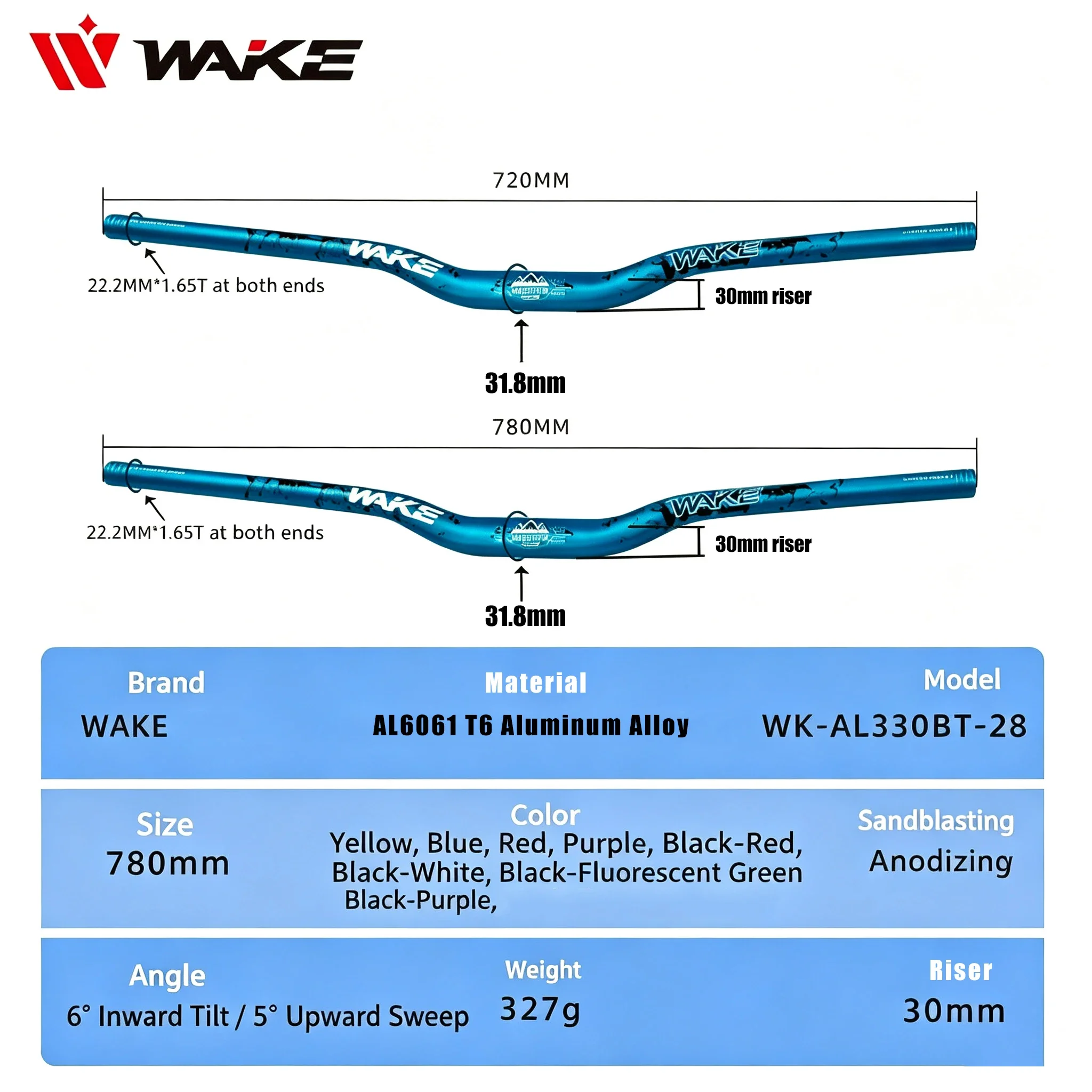 Manillar de Bicicleta WAKE de 720 mm/780 mm para Bicicleta de Montaña, Elevación de 30 mm, Aleación de Aluminio, 31,8 mm, Manillar Tipo Swallow para MTB