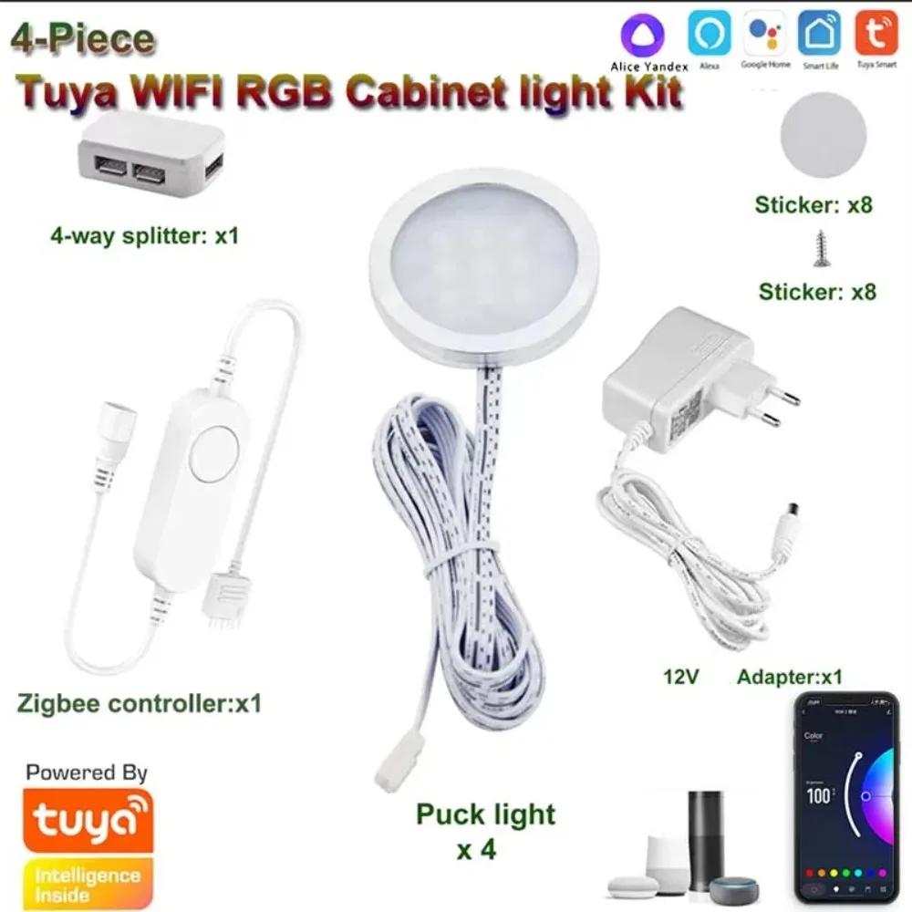 Tuya WIFI DC12V RGB Color debajo del gabinete luces regulable Puck luz Festival armario dormitorio cocina para Alice Alexa Google Home