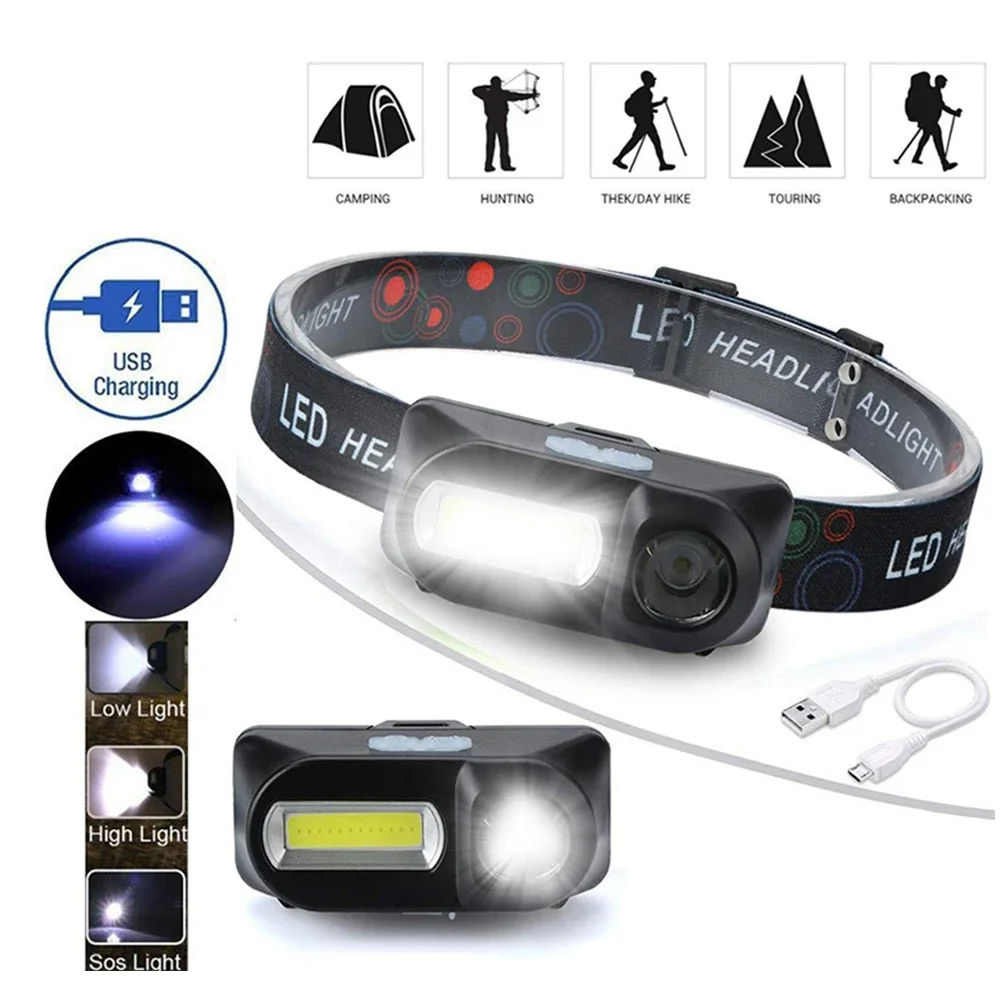 Linterna frontal LED de pesca, luz de Camping portátil Mini XPE COB, lámpara de cabeza USB, linterna de pesca, uso de antorcha 18650