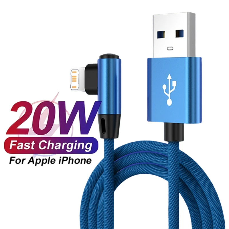 Cable de carga USB con codo de 90 grados para iPhone 11, 12, 13, 14 Pro X XR XS Max 7 8 Plus, Cable de cargador rápido trenzado de nailon para juegos, 2m, 3m
