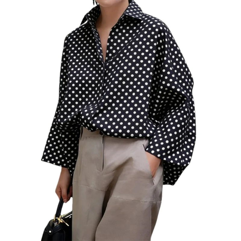 UOOZEE 2026 Nuevas Blusas Oversize con Estampado de Puntos para Mujer, Mangas Largas, Contraste de Color Blanco y Negro, Camisas Casuales a la Moda