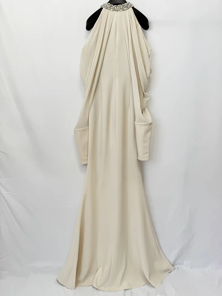 Vestido Largo de Fiesta para Mujer, Diseño 2026, Cuello Alto, Adornado con Cuentas y Diamantes, Chifón, Hombros Descubiertos, Mangas Largas, Alta Calidad