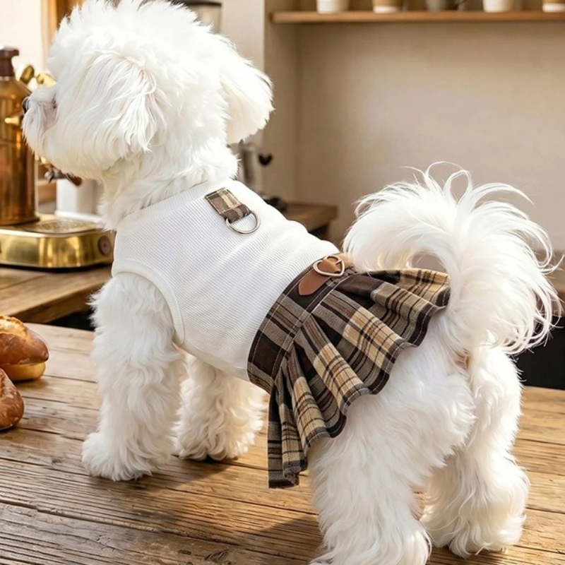 Falda plisada a cuadros estilo británico para mascotas, ropa nueva de otoño e invierno para mascotas, ropa para perros estilo universitario, vestido para mascotas.