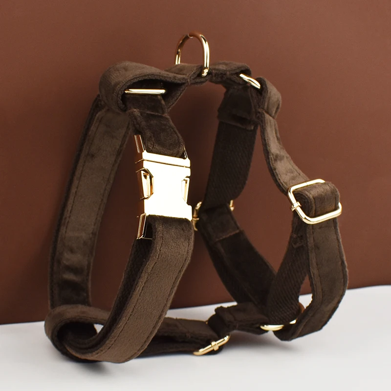Conjunto de collar y correa de terciopelo marrón oscuro para perros, placa con nombre grabada personalizada, suministros para mascotas, correa para perros Velvet11