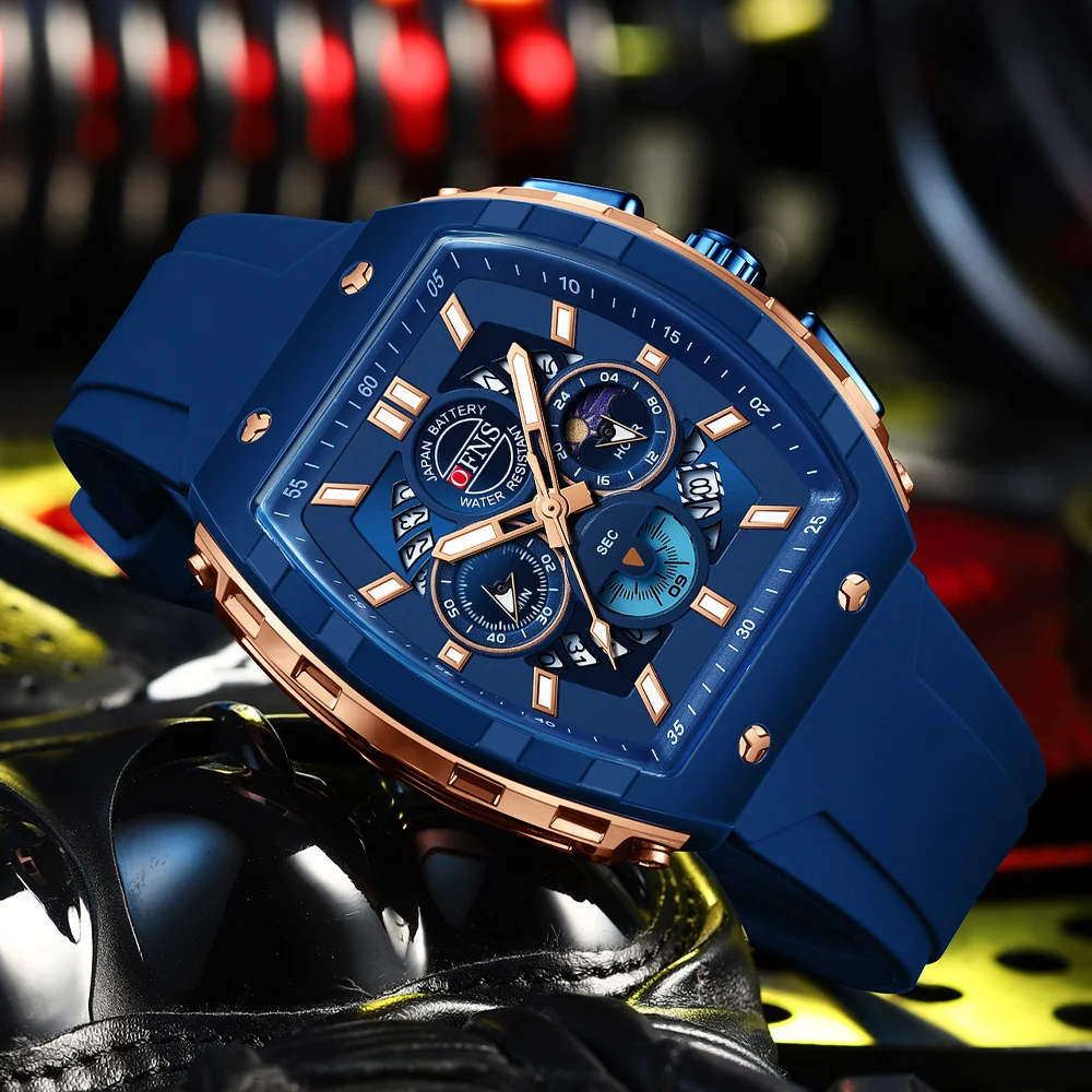 Relojes de cuarzo OFNS a la moda para hombre, cronógrafo luminoso resistente al agua, calendario, correa de silicona, reloj deportivo de lujo para exteriores para hombre