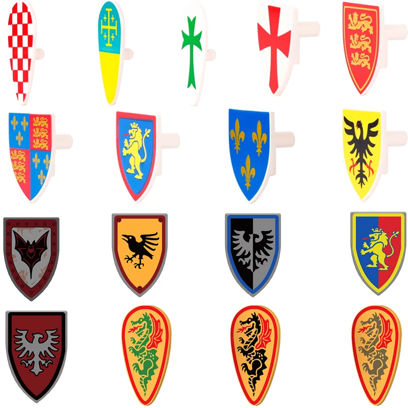 MOC-accesorios medievales, serie de bloques de construcción, figura de soldado del ejército militar, armadura, escudo, casco, espada, corona, Caballero, juguetes de ladrillos