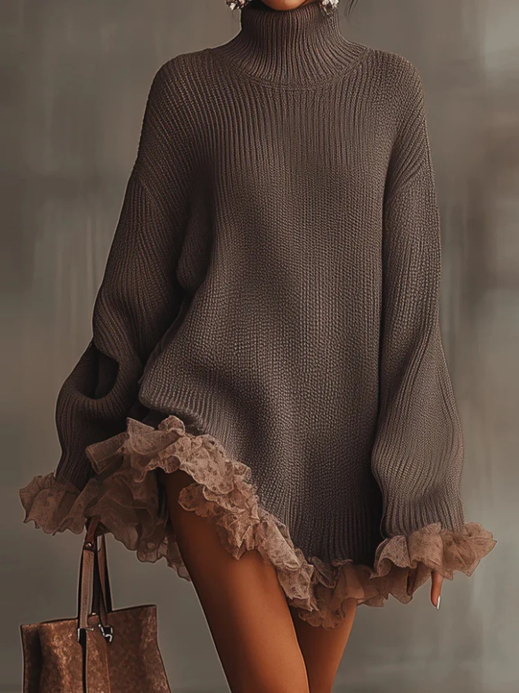 Vestido suéter sencillo con cuello alto para otoño e invierno, minivestido informal de retazos para mujer, vestido dulce de manga larga con pétalo para mujer