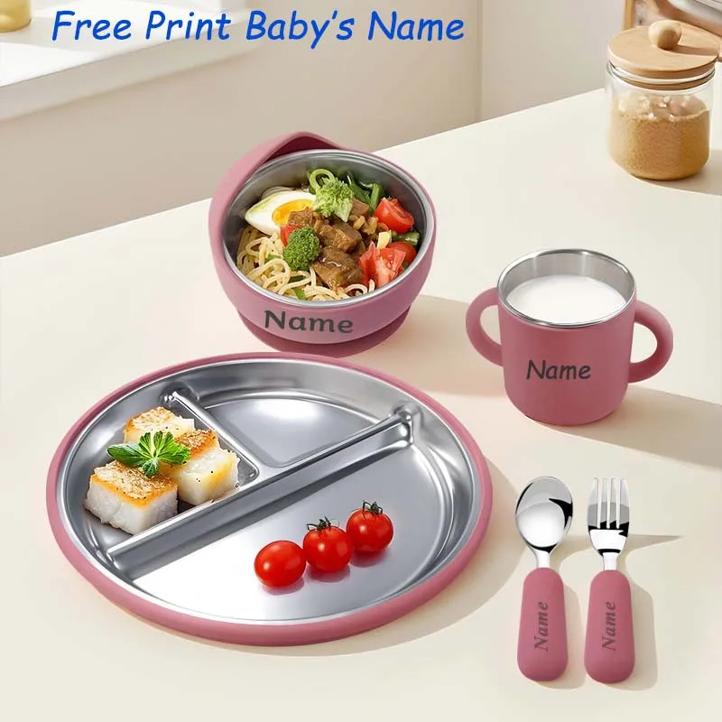 Juego de Alimentación para Bebé de Acero Inoxidable con Plato de Silicona Personalizado con Nombre, Tazón, Cuchara, Tenedor, Vaso, Regalo Creativo para Niños, Libre de BPA