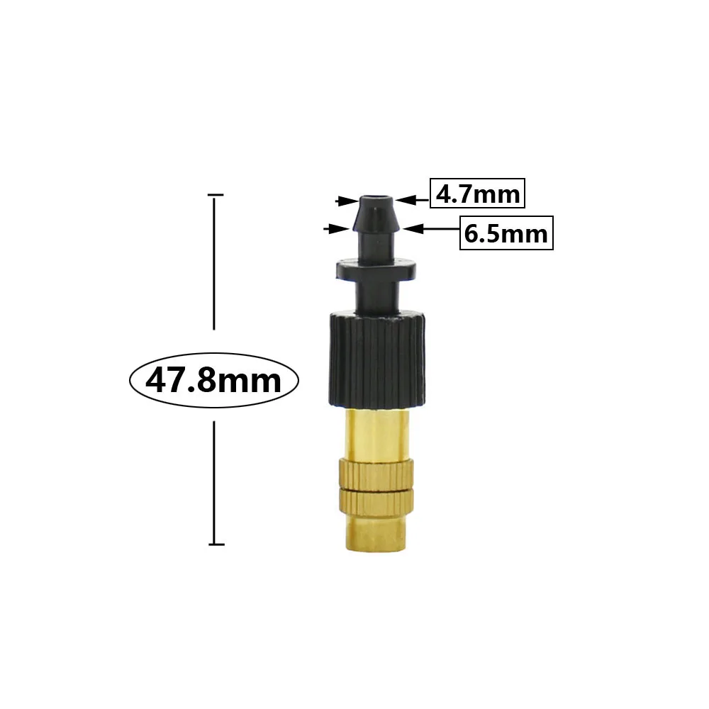 Boquillas de nebulización de latón ajustables, boquilla de niebla de cobre, sistema de riego por goteo con rociador de agua, conector de rosca de púas en T de 1/4"