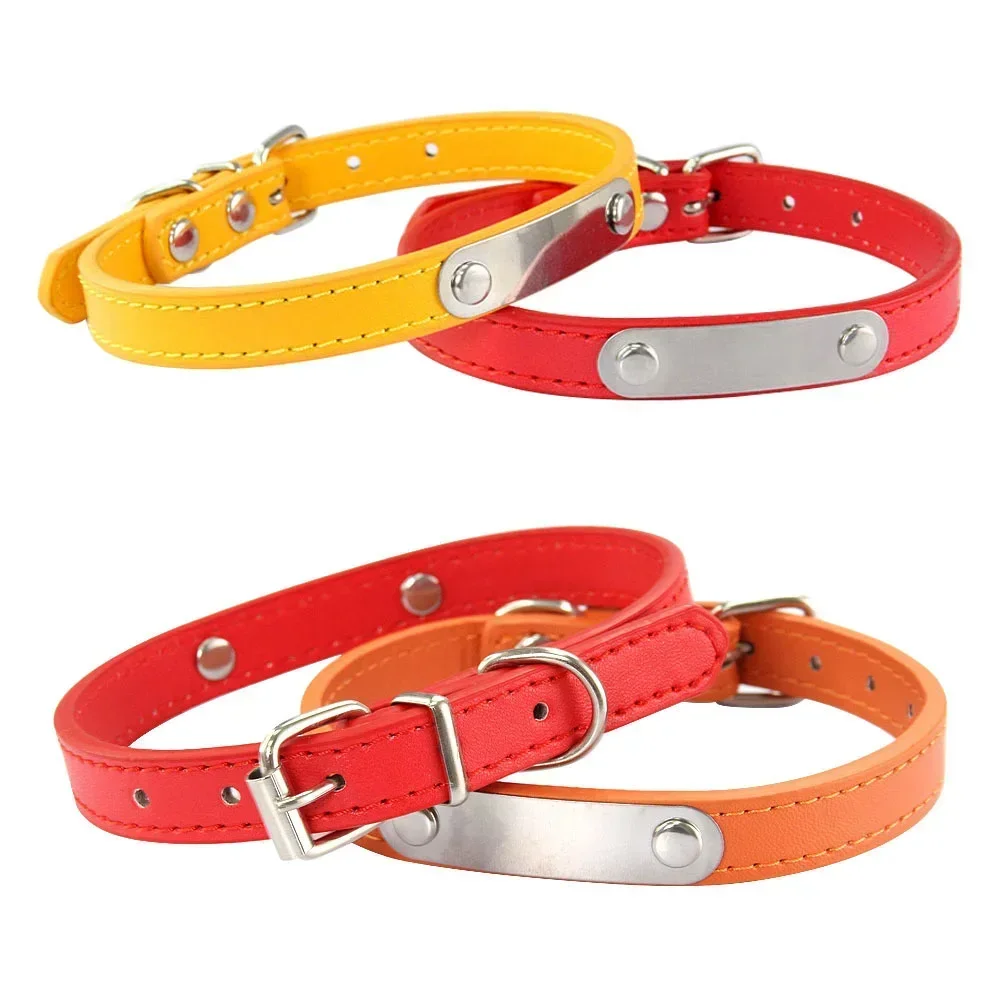 Collar de perro personalizado con nombre, ID tallado, Collar de cuero PU sólido antipérdida para perros pequeños, medianos y grandes, suministros para cachorros y gatos, color rosa
