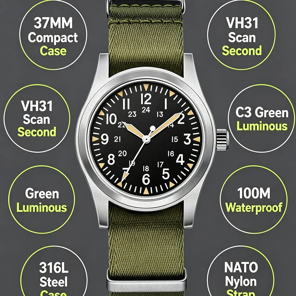 Reloj de Cuarzo MILITREK 2025 Nuevo Militar de 37mm VH31 para Hombre, Zafiro AR, Acero Inoxidable, Resistente al Agua 10Bar, Luminoso C3, Reloj Hombre