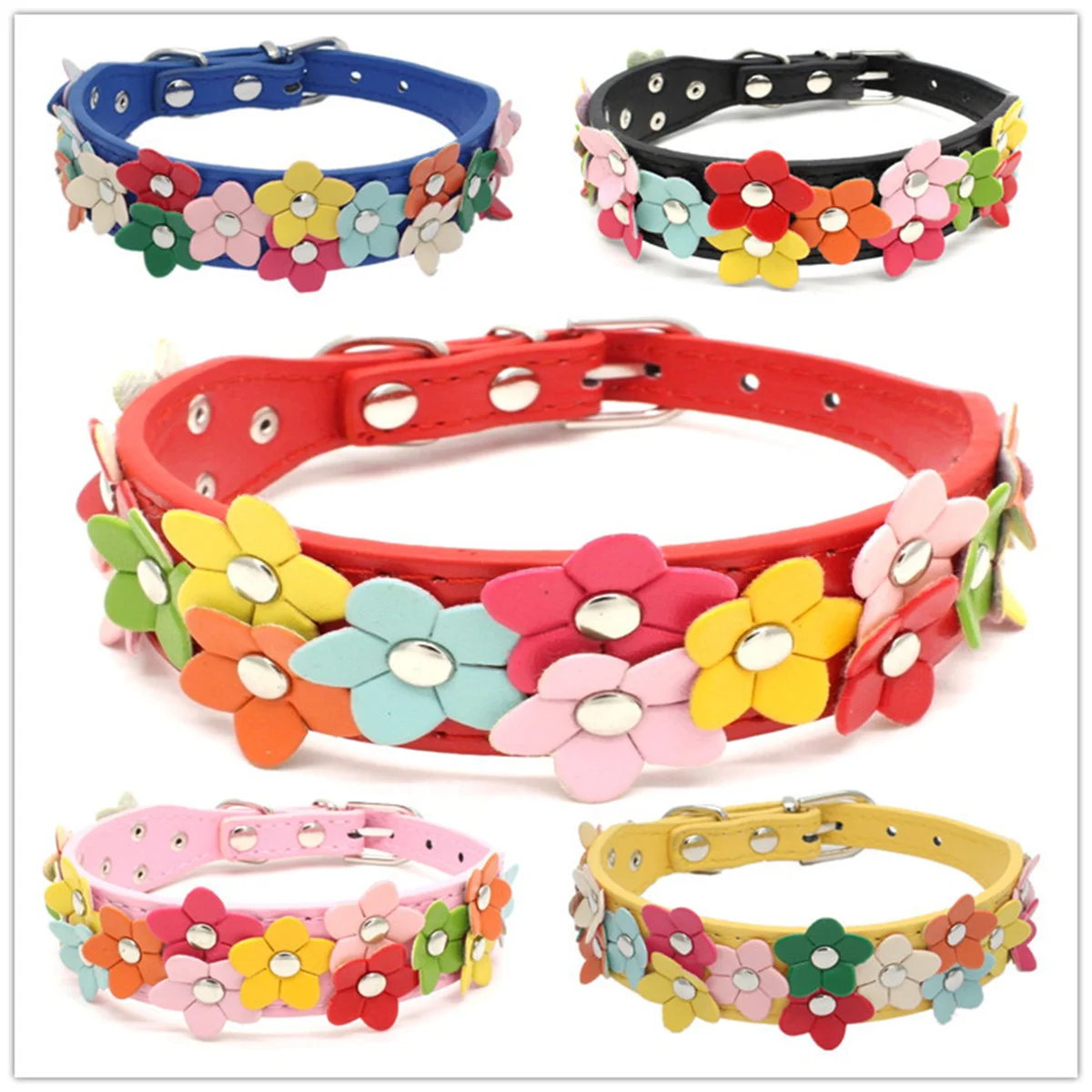 Collar portátil de flores para perro, correa de cuero PU con cadena para gato, correa para el cuello para Animal pequeño, medio y grande, peluche, Chihuahua, Pug, moda