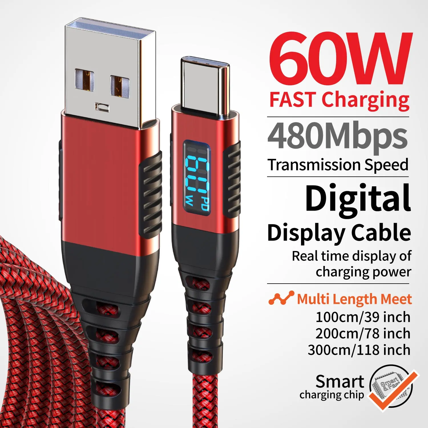 Cable de Carga Rápida USB-A a Tipo-C de 60W para iPhone 17/16/15 Pro Max, iPad Pro, Galaxy S24/S23, Switch, MacBook Air