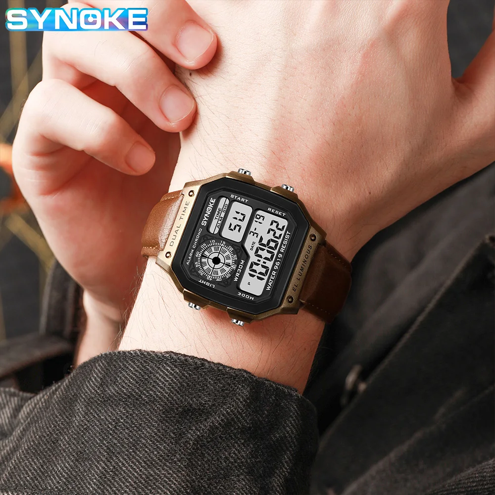 Reloj con correa SYNOKE para hombre, reloj Digital LED luminoso multifuncional para deportes al aire libre, reloj Digital de cuero PU para hombre, moda Retro