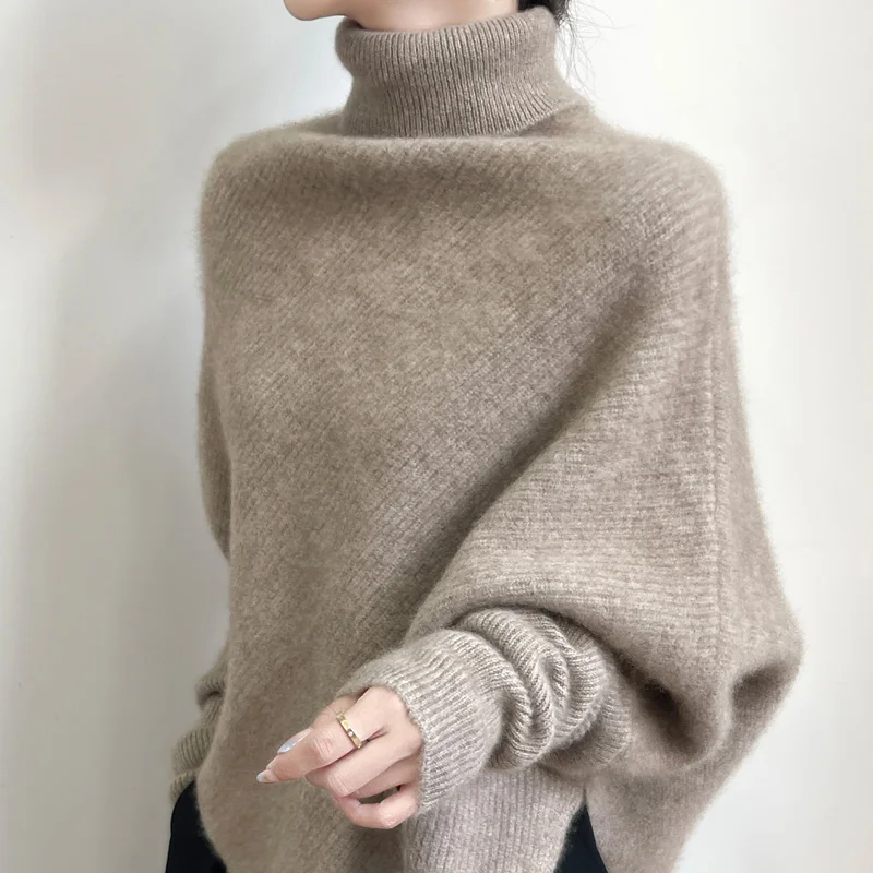 100% de lana merina para otoño e invierno, jersey con mangas de murciélago y cuello alto, prendas de punto de manga larga, Top cálido y elegante de Cachemira para mujer