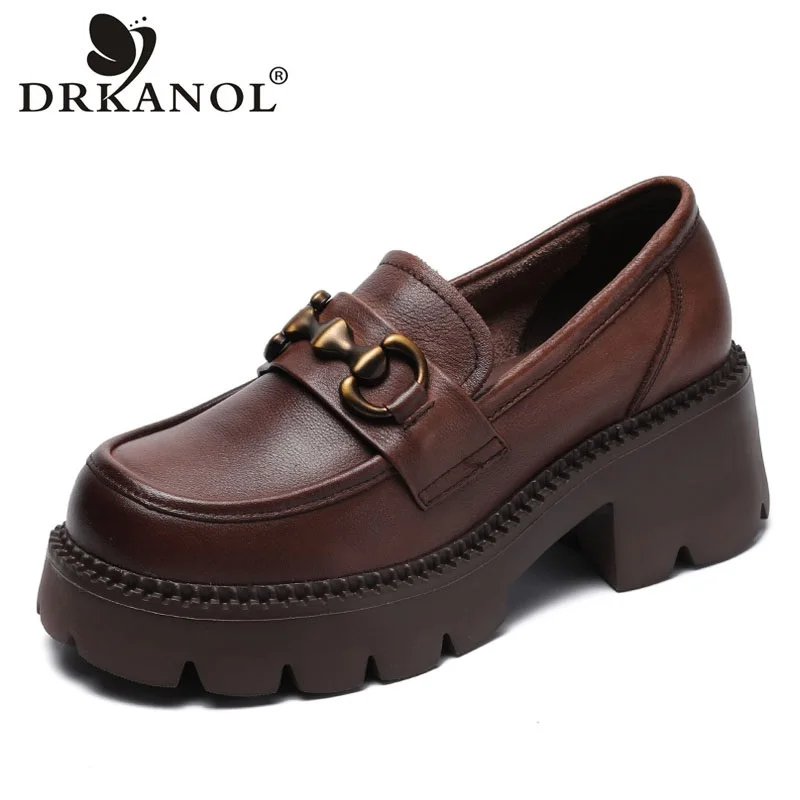 DRKANOL, mocasines de tacón grueso para mujer, zapatos de tacón sin cordones, nuevo diseño de primavera y otoño, zapatos de plataforma de tacón alto con punta redonda de cuero genuino de Metal