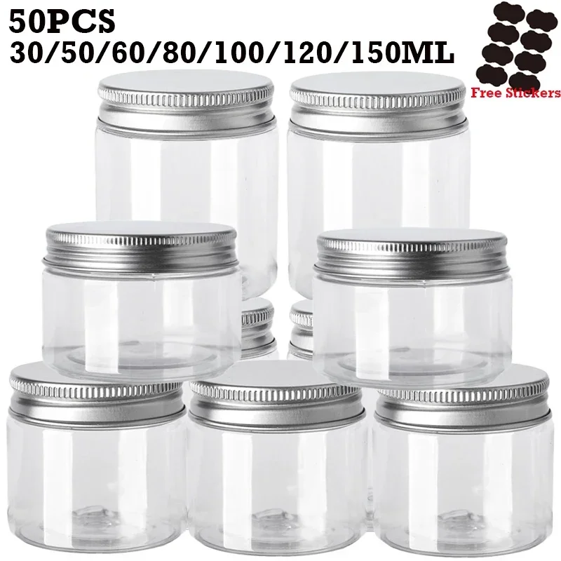 50 unids/lote 30/50/60/80/100/120/150ML tarros de almacenamiento tarro de plástico vacío con tapa de aluminio envases cosméticos bote de muestra de crema facial