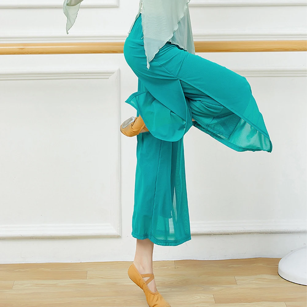 Pantalones de baile modernos para mujer, pantalones de baile de pierna ancha holgados de nailon de malla, pantalones de Yoga diarios para danza clásica china para mujer