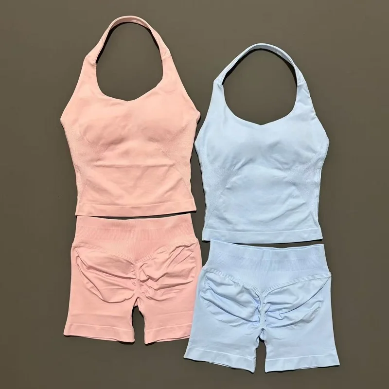 Conjunto de 2 piezas de pantalones cortos de yoga para mujer, top halter sin espalda, pantalones cortos sin costuras de cintura alta, traje de gimnasio, ropa deportiva, conjuntos de entrenamiento