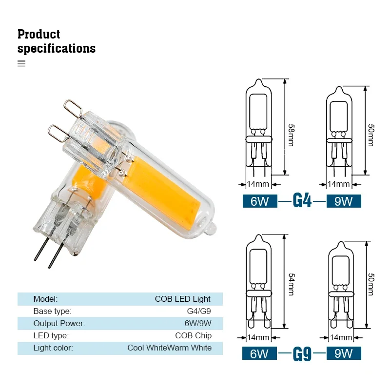 10 unids/lote lámpara LED G9 más brillante G4 AC 220V 230V 240V 6W 9W bombilla Led COB de vidrio foco blanco cálido/frío reemplazar luz halógena