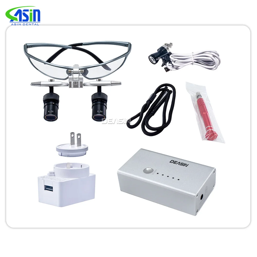 DEASIN Lupas Dentárias Ergo2 45 ° Estructura de esquina óptica Lupa 4X 5X 6X con lente de cirugía de luz LED de 5W