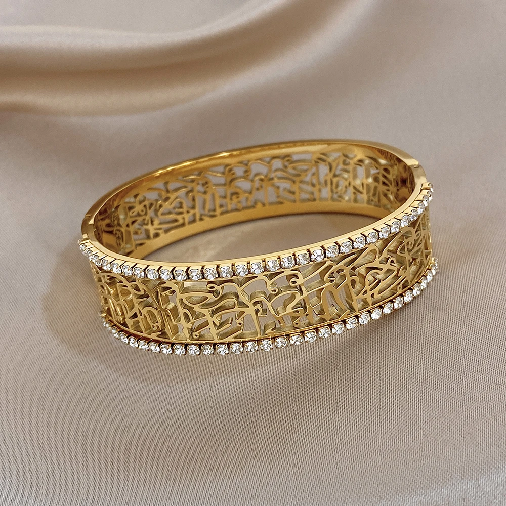 AENSOA, brazaletes de alta calidad que no se decoloran para mujeres y hombres, diseño único y exquisito con tallado hueco, pulsera de diamantes de imitación, joyería