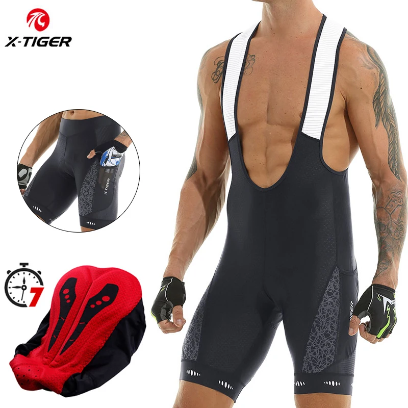 Pantalones cortos con pechera de ciclismo para hombre, pantalones cortos transpirables para bicicleta de montaña, acolchados con esponja, mallas con bolsillos laterales, X-TIGER
