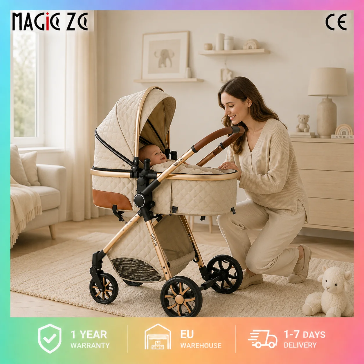 Cochecito de Bebé 3 en 1 Magic ZC Premium, Sistema de Viaje Compacto y Plegable con Capazo, Silla de Auto y Asiento Reversible, Silla de Paseo de Alta Gama, Ruedas Todoterreno, Manillar Ajustable, Cochecito de Lujo desde el Nacimiento, Beige