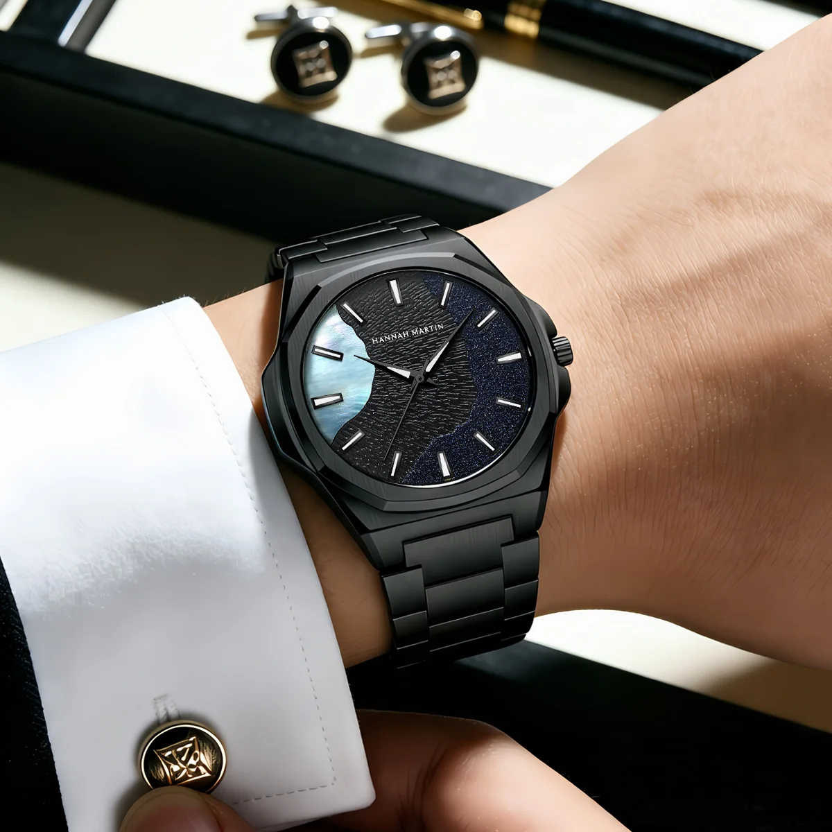 Reloj Hannah Martin para Hombre, 40mm, Acero Inoxidable y Cuero, Resistente al Agua, Reloj de Negocios con Movimiento de Cuarzo Japonés, Herramienta Incluida