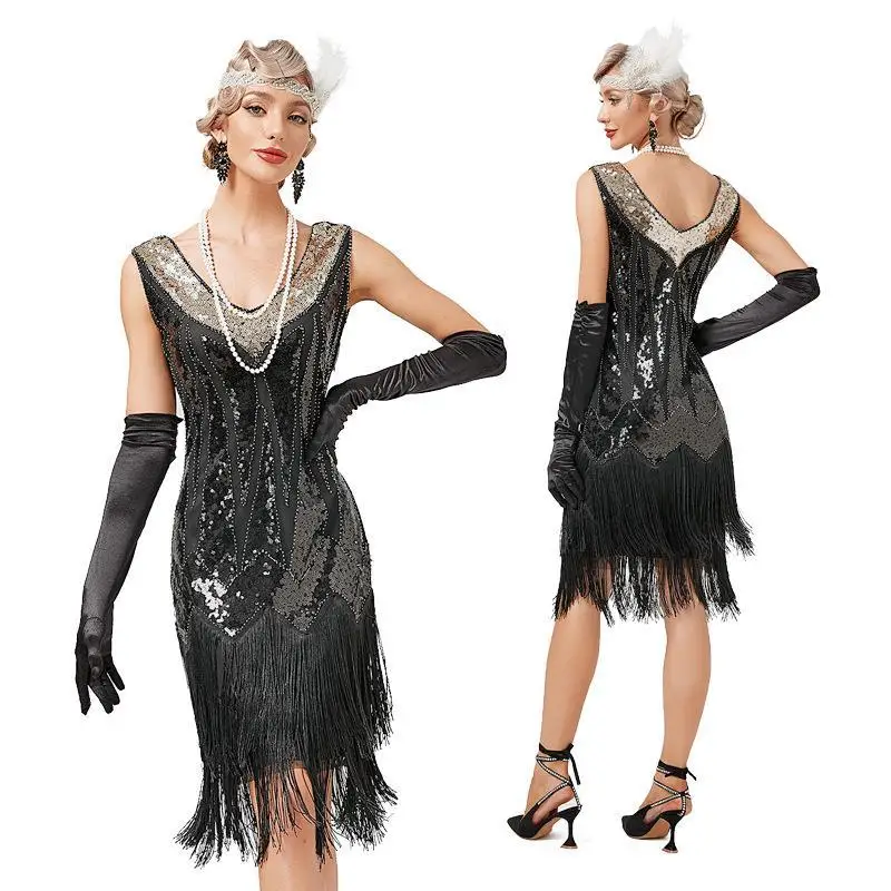 Falda larga sin mangas para mujer, vestido Flapper de fiesta del gran Gatsby Vintage de los años 1920, vestido de cóctel con flecos y lentejuelas
