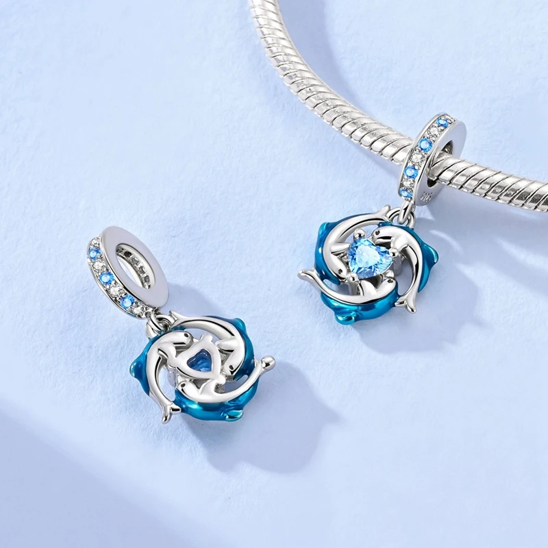 Colgante de Plata 925 con Dijes de Estrella de Mar, Tortuga Marina, Tiburón Ballena y Océano Azul de Verano, Compatible con Pulseras, para la Creación de Joyería Fina de Moda