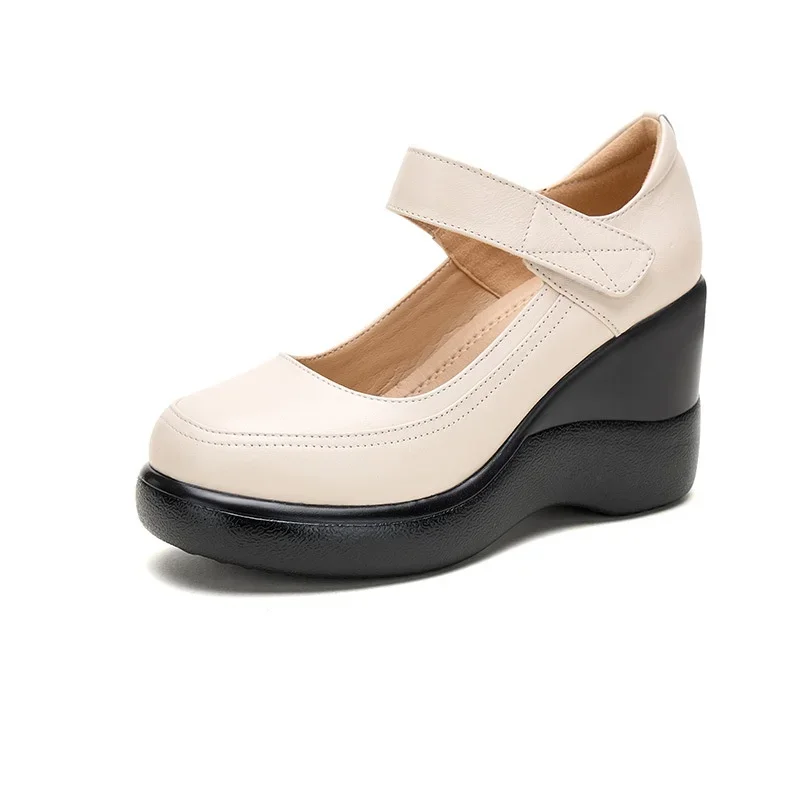 8cm transpirable cómodo poco profundo plataforma gruesa cuñas zapatos 2025 primavera zapatos de cuero genuino mujer tacones altos para mamá