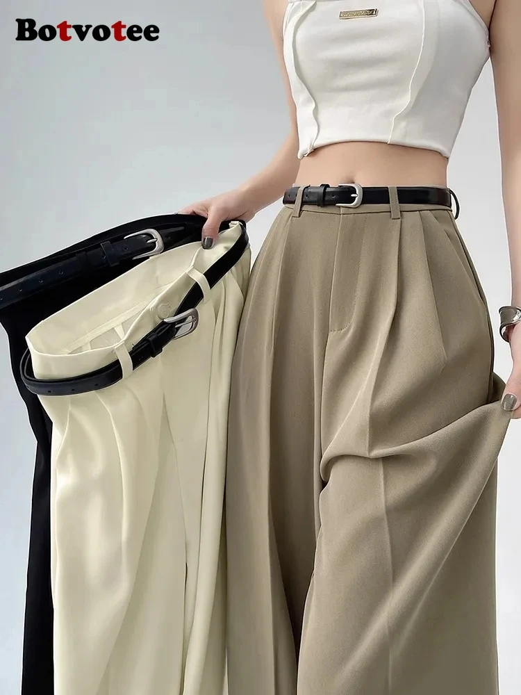 Botvotee, trajes informales, pantalones para mujer, oficina, elegante, pierna ancha, pantalones negros de cintura alta con cinturón, ropa de calle, moda Y2k