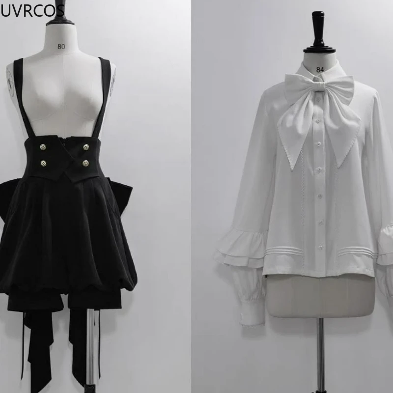 Conjunto gótico japonés Y2k de 2 piezas para mujer, camisas con lazo blanco dulce, falda con tirantes negros, Mini pantalones, traje de princesa Vintage informal
