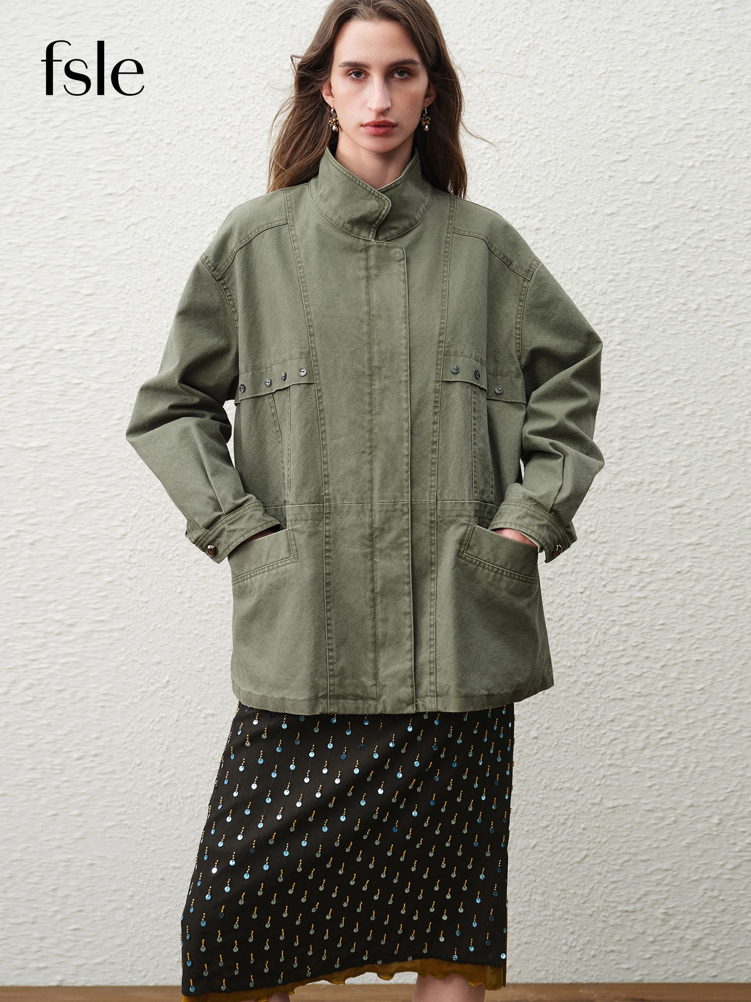 FSLE【Serie Premium】Chaqueta Corta Cargo Retro Vintage para Mujer, Primavera 2026, con Cuello Alto, Estilo Urbano Oversize